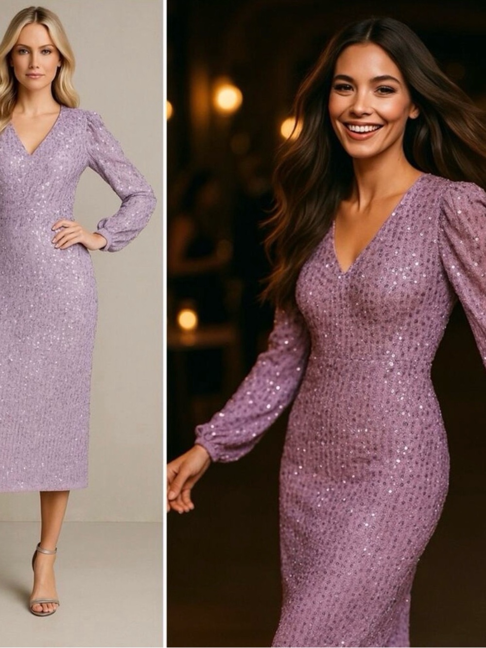 NWT Mac Duggal Purple Sequined Puff Sleeve V Neck Midi Lavender 14 - Picture 3 of 16